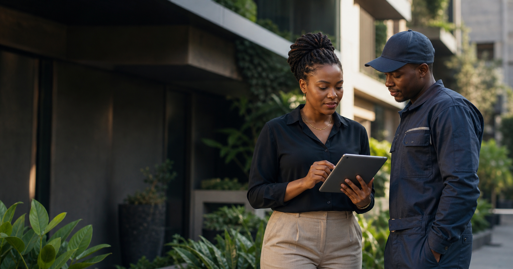 A Kenyan property manager and service professional reviewing a maintenance plan