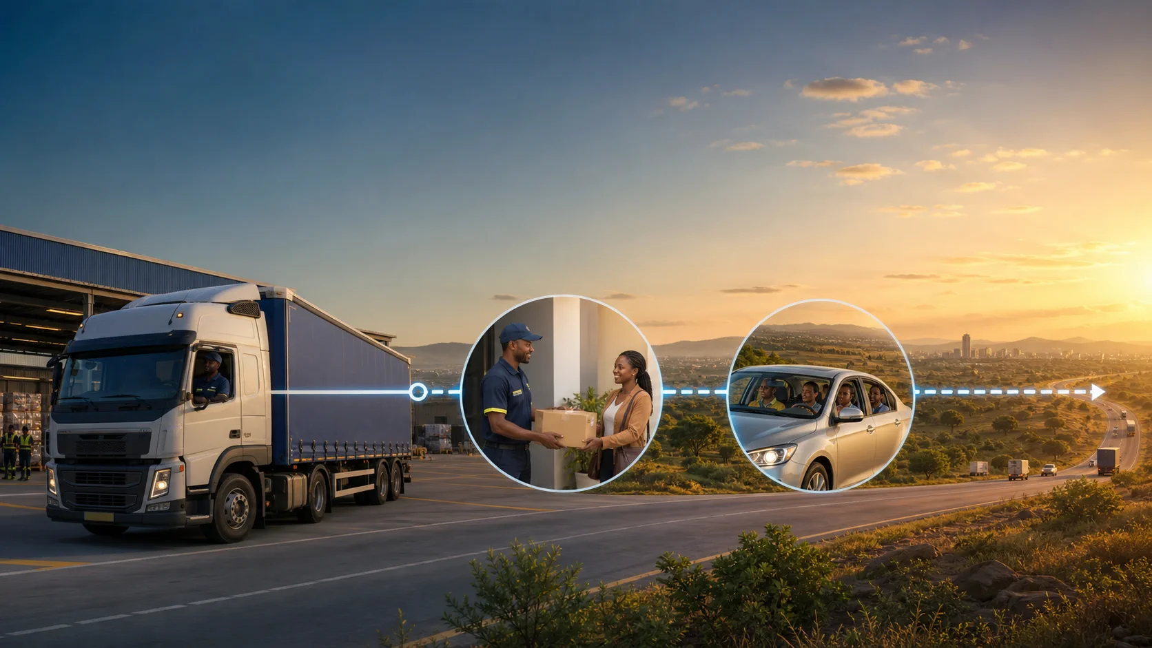 Conceptual illustration of a truck, future parcel handoff and future shared car travel on a Kenyan intercity route
