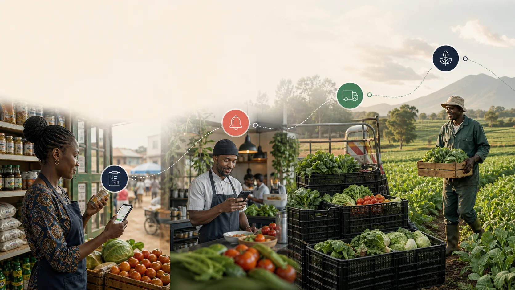 Conceptual illustration of a shop, food business and farmer connected through perishable stock information